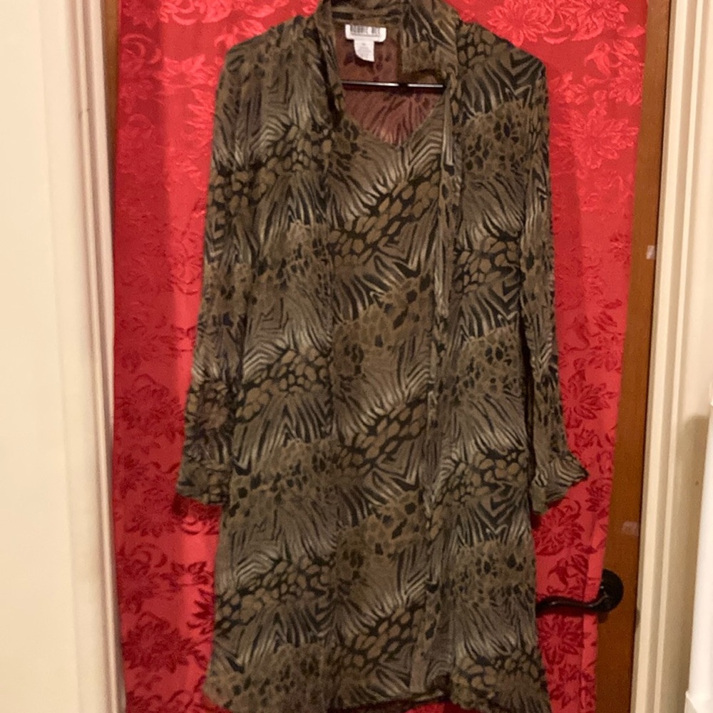 Animal Print 2Pc. Sleeveless Dress With V Neck. Sheer Long Sleeve Cover Up